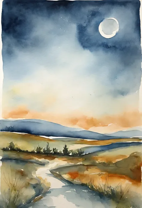 Simple landscape painting，Ancient wind，Around eleven oclock in the evening，Clouds，themoon，naive，Line watercolor，Star blue