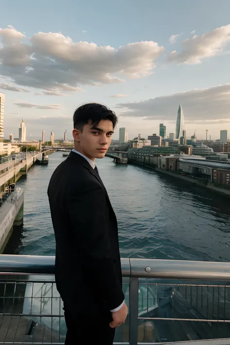 1 man , 20 years old , standing in front of London bridge, clean shaved, short black hair , standing straight , can see London bridge in background