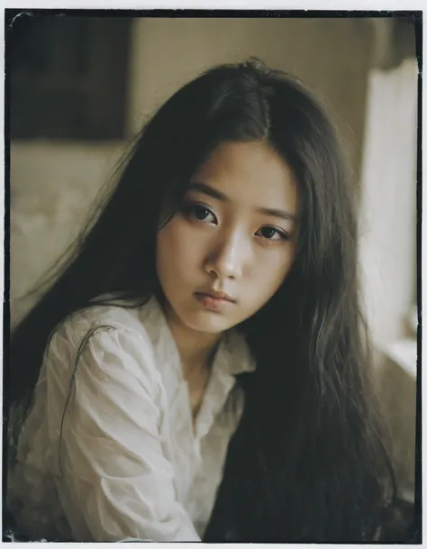 xxmix_girl, (closeup:1.2), 1girl,fluffy long hair,dark theme,black hair,messy hair,  film grain ,black theme Tyndall, old apartment, polaroid camera photo