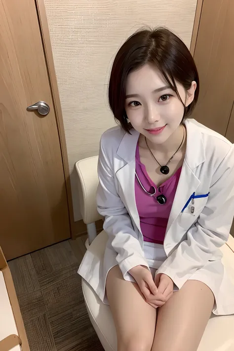 Female doctor in white coat、1womanl、Brightly colored clothing、Sit in a chair in the exam room、Wear a stethoscope、From  above、a miniskirt、short-hair、tiny chest、Full Body Pose、(pureerosface_v1:0.8)、a small face、ssmile、A sexy