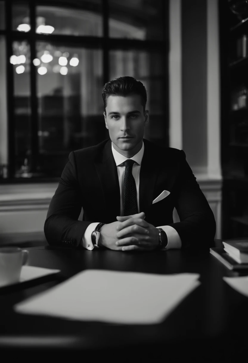 Portrait of businessman sitting behind desk in suit This guy must be handsome and elegant The image must be clear, sharp and 8k、Behind him you need to see New York, short hair mixed black and white color