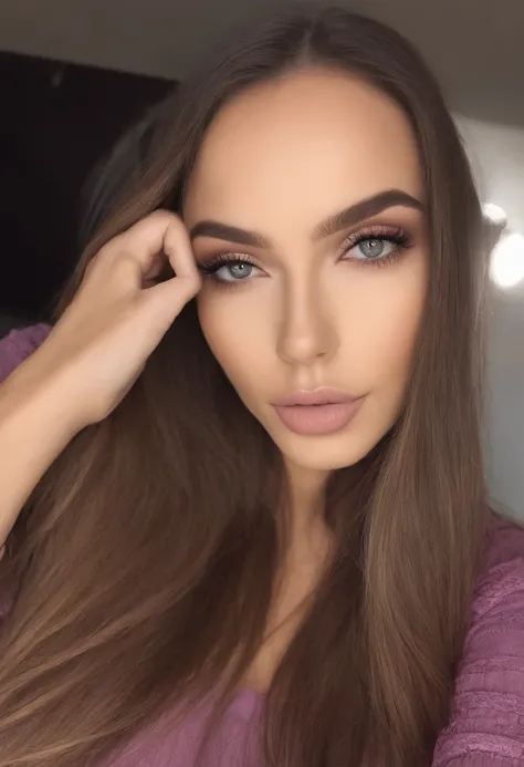 fille sexy aux yeux bruns, Portrait Sophie Mudd, cheveux bruns et grands yeux, selfie of a young woman, Yeux de chambre, Violet Myers, pas de maquillage, maquillage naturel, Regarder directement le spectateur, body straight forward , Visage avec Artgram, M...