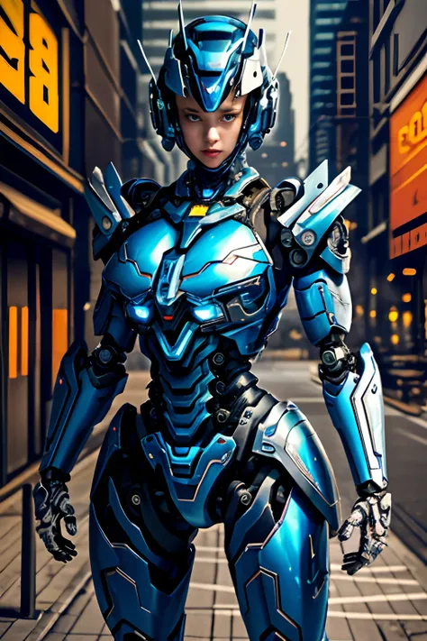 Masterpiece,(best qualtiy),highly  detailed,Ultra-detailed,sci-fy, 1 Mech girl，Large robot structure，solo person, crNanosuit, (Blue eyes),(Machine-made joints:1.5), Mechanical limb，huge tit，Wire，street fighting，(dynamicposes), (Serious expression), (tactic...