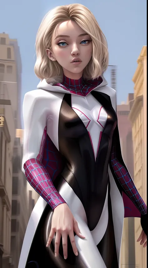 Gwen Stacy in modern long suit Frock coat, modern spider-gwen suit, modern fashion, black long Frock coat fashion, beautiful Gwen stacy, modern long Frock coat instead of spider woman costume, describe in a concise and modern fashion