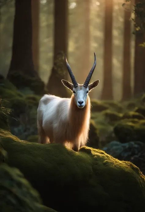 Beautiful fece, The sun-drenched forest、Wrapped in the golden glow of dawn. Center of the frame, An animal sits on a mossy rock, playing a flute. Fauna is a creature of myths and legends, Has the head and torso of a handsome man, however、Goat paws and hoov...