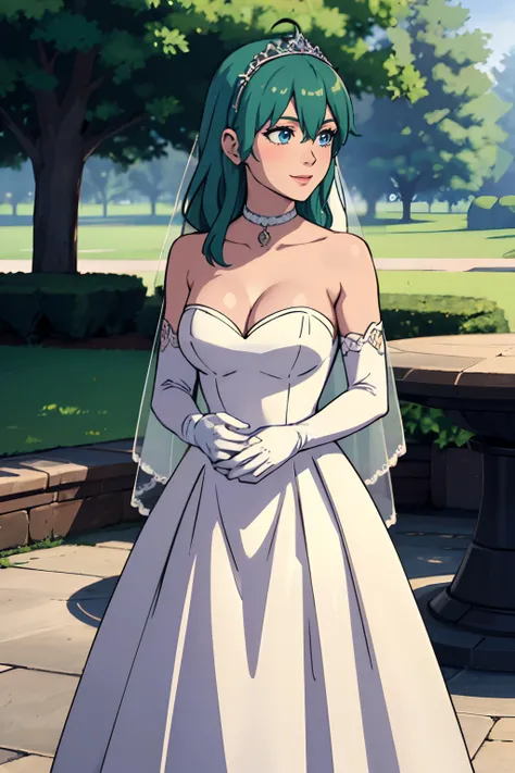 fembyleth, bangs, blue eyes, hair between eyes, ahoge, light green hair, star (symbol), hair ornament, dress, cleavage, bare shoulders, collarbone, long white elbow gloves, white gloves, white dress, white choker, strapless, tiara, veil, strapless dress, w...