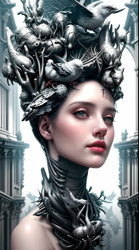 A black and white photo of a woman with a head full of birds, inspirado em Darek Zabrocki, Yuri Shwedoff e Tom Bagshaw, retrato surreal bonito, inspirado em Igor Morski, Hg Giger Flora Borsi, 3d renderizar arte digital, Sylvain Sarrail e Igor Morski