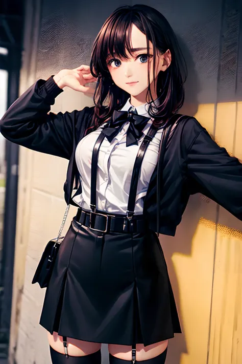 Suit,Collared shirt,Belt bag,Suspenders black mini skirt　garterbelts　knee high　Stockings　Black Niso　Colorcon armpit sweat　perspiring　Side of both hands,Black jacket,Gaze,ample bosom,Armpit sweat,Exposing the armpits"Pichi Pichi clothes