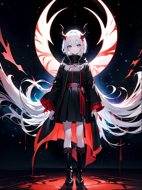 （tmasterpiece,best qualtiy,style of anime,a sense of atmosphere，cg render，Standing painting，Ray traching，Wallpapers，sci-fy)(White color hair，Black pupils，Black hated robe，Black boots，Non-juveniles，dragon horns）（Solo）（The background is a deep space）