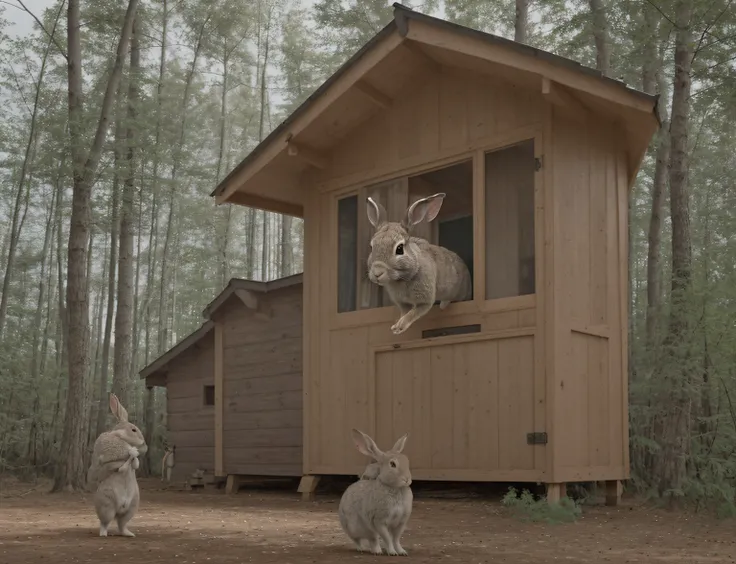 Wild rabbits，ln the forest，wooden cabin