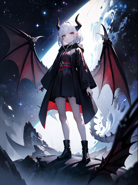 （tmasterpiece,best qualtiy,style of anime,a sense of atmosphere，cg render，Standing painting，Ray traching，Wallpapers，sci-fy)(White color hair，Black pupils，Black hated robe，Black boots，Non-juveniles，dragon horns）（Solo）（The background is a deep space）