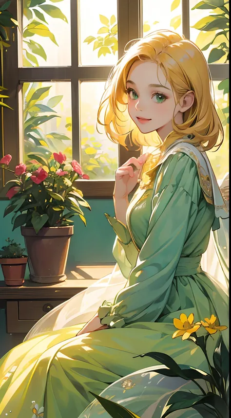 (best quality,masterpiece:1.2),sunny,by the window,cute girl,plants in pots,sunlight,beautiful detailed eyes,beautiful detailed lips,soft breeze,green plants,fresh air,colorful flowers,dainty dress,golden sunlight,harmonious composition,peaceful atmosphere...