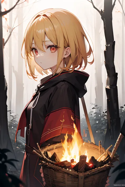 red riding hood, forest, dark scenery, bonfire, wolves hiding in forest, fruit basket, center fire, red glowing eyes wolves, blonde hair, hair between eyes, short hair, amber eyes, serious, nervous, anime, anime style, cinematic lighting, backlighting, dro...