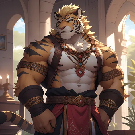 saber-toothed tiger orcs, tall，blonde hair，athletic strong, sunny handsome, the king，diadems, royal family，interior rendering, w...