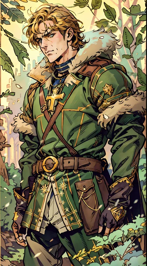 A middle-aged man with short golden hair, thick hair, a large cross scar on his face, has gentle eyes, a calm expression, a fantasy-style coat with leaf-shaped chest armor, the color scheme is mainly grass green, with earthy yellow as secondary colors, a b...