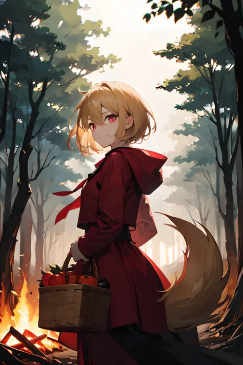 red riding hood, forest, dark scenery, bonfire, wolves hiding in forest, fruit basket, center fire, red glowing eyes wolves, blonde hair, hair between eyes, short hair, amber eyes, serious, nervous, anime, anime style, cinematic lighting, backlighting, dro...