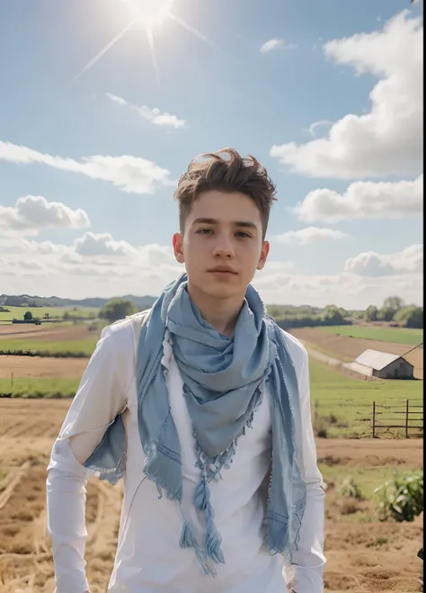 A boy, a boy in a form, normal body, white skin, stylish hair, blue sky, best farm background, 8k quality, realistic look, 8k, 4k, real,