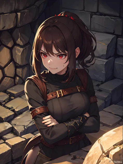 Close up, fantasy world, medieval, cave, stone brick walls, dungeon ruins, cave walls, adult woman, dirty, vampire, medium brown hair, short ponytail, red eyes, fangs, evil, intimidating, predatory look, evil smile, sweating, green tunic, no sleeves, leggi...