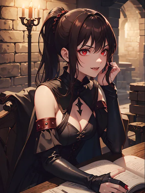 Close up, fantasy world, medieval, night, cave, dark, stone brick walls, dining table, food, adult woman, dirty, vampire, medium brown hair, short ponytail, red eyes, fangs, evil, intimidating, predatory look, evil smile, black tunic, black dress, cleavage...