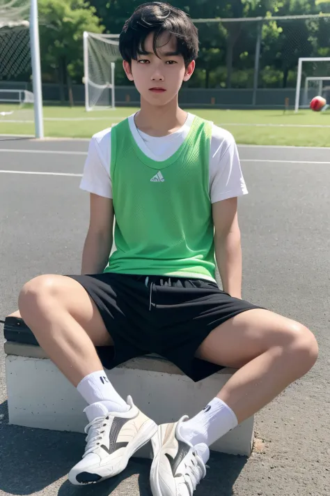 A 16-year-old boy plays soccer, Wear a vest, sweat shorts, whitestocking, Wear sneakers, Sit on the playground,Wearing sweat, Abs can be seen, junior school student, Differential crushing cap, rough breath, Black hair, Messy hair, modern, Eye level shots, ...