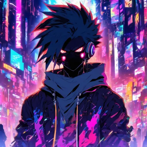 The male stands in the middle，With his back to the audience, his expression and posture are confused and bored, hes surrounded by a lot of invisible screens, hes wearing a hoodie, its a cyberpunk environment, the background is white, the male is holding a ...