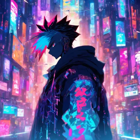 The male stands in the middle，With his back to the audience, his expression and posture are confused and bored, hes surrounded by a lot of invisible screens, hes wearing a hoodie, its a cyberpunk environment, the background is white, the male is holding a ...