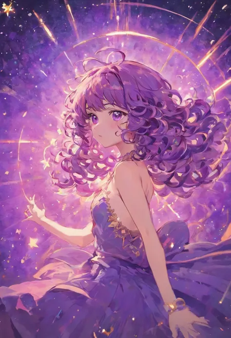 detailed background, masterpiece, best quality, 1 person , curly hair, long hair, purple eyes, star in eye , Strapless blouse, long  skirt