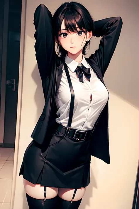 Suit,Collared shirt,Belt bag,Suspenders black mini skirt　garterbelts　knee high　Stockings　Black Niso　Colorcon armpit sweat　perspiring　Side of both hands,Black jacket,Gaze,ample bosom,Armpit sweat,Exposing the armpits"Pichi Pichi clothes