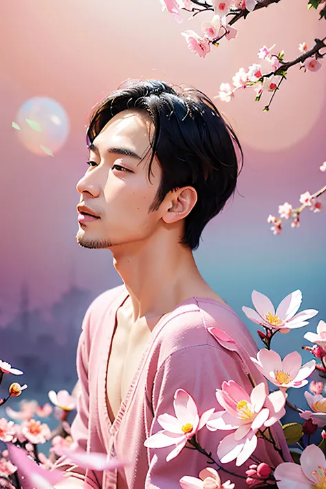 1 Asian faces，attractive beefy man, mid-shot of a hunky, musculous, Homem de meia idade，blossoms，Lixian flower，in the style of light pink and light azure，Dreamy romantic composition，pastel pink，ethereal foliage，playful arrangements，fanciful，hight contrast，...