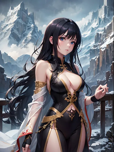 ((Finest quality)),(超A high resolution),(ultra-detailliert),((Best Anime)),sharpnes,Clair,Fantasy art with astounding depictions, In heavy rain:1.5, (1womanl),(Long jet-black hair),(Beautiful embroidered hu clothes),banya:1.2, mountainous