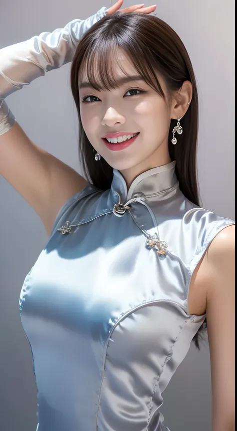 Woman standing in silver cheongsam, Best Quality, High Definition, 8k, 1 girl, (Huge breasts :1.2), Sun, Bright, (People, Crowd:1), (Glossy cheongsam:2.8, Silvery satin dress:1.6, Silver satin gloves:1.8,Silver:1.5), (Bangs,Long hair), Beautiful detailed s...