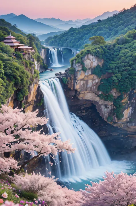 waterfallr ，Towering mountains ，flower  sea，pink-sky，Dreamland Wonderland，heal