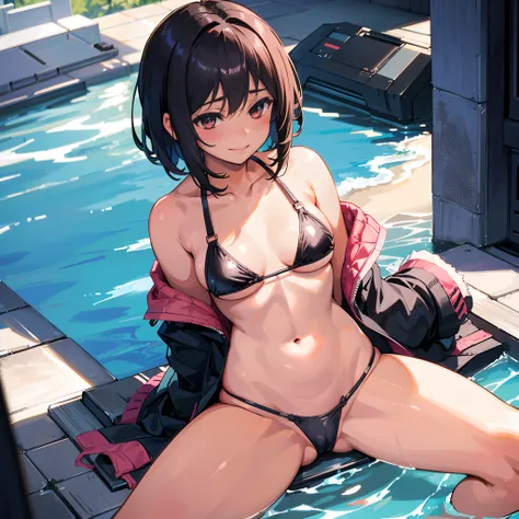 The bikini, ((Solo, 1girl in)), A dark-haired、short-hair, Medium chest, blush, embarrassed, Smile,,  crotch seam, NSFW, Spread legs, Inter-strands