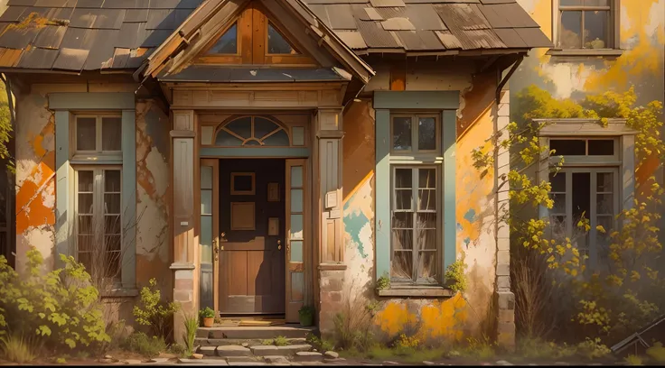 ``(("Resilient Abode: Aging House on the Outskirts of Town")) in a nostalgic and enduring composition. Depict an old house, standing proudly on the edge of town, its timeworn facade bearing the marks of years gone by. Capture the signs of neglect, with pee...