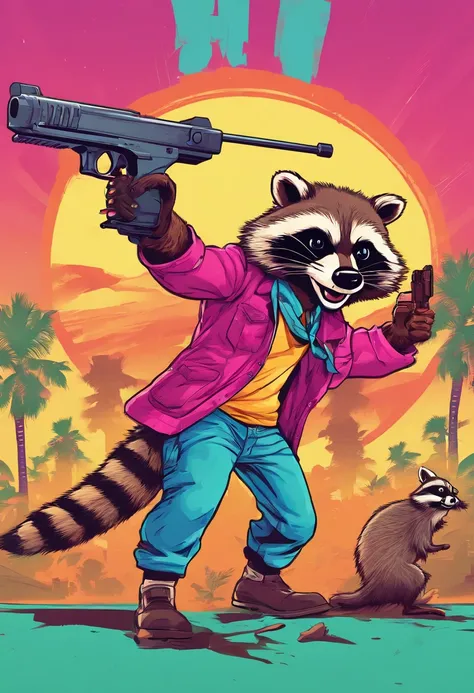 guy points raccoon with a gun