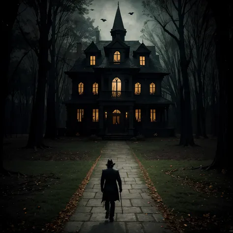 a painting of a man walking down a path in front of a creepy house, halloween scene, spooky and scary atmosphere, fantasy dark art, halloween atmosphere, haunting and spooky, fantasy horror art, horror fantasy art, spooky mansion, halloween art style, deta...