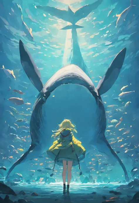 Anime - Small human beings standing in front of giant whales, Huge whales，mechanized，Cyberpunk style，Fine details. anime big breast. Anime epic artwork, dreamy psychedelic anime, colorful concept art, emotional concept art, Beeple e James Jean, anime visua...