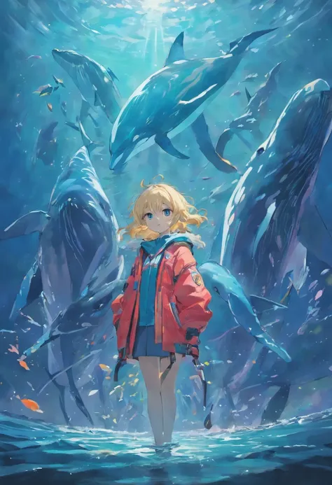 Anime - Small human beings standing in front of giant whales, Huge whales，mechanized，Cyberpunk style，Fine details. anime big breast. Anime epic artwork, dreamy psychedelic anime, colorful concept art, emotional concept art, Beeple e James Jean, anime visua...