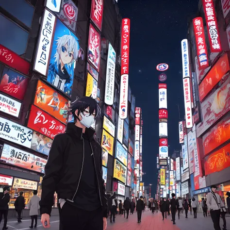 Kabukicho Anime Cute Man Wearing Black Mask Beautiful Night View Background CG