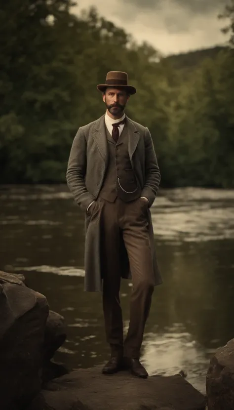 A scientist, High personality, Kind, Full body picture, well dressed, A river in the background, 1888, hyper-realistic, Photo realism, cinematography