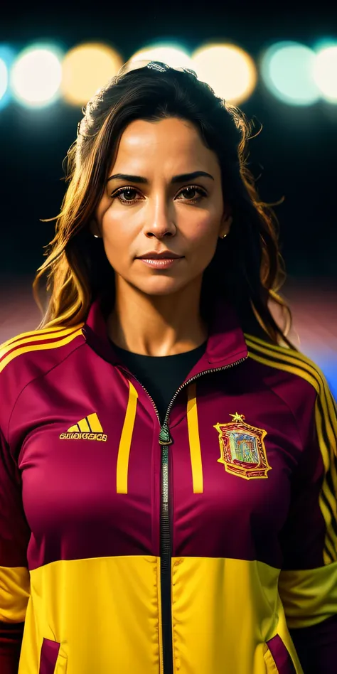 Beautiful Mature Spanish Student, in a tracksuit, on the field for athletics, ((Slim, Miniature)), photo-realistic, photo, tmasterpiece, realisti, 真实感, photo realism, High contrast, photo-realistic , detailed, skin texture, Ultra-detailed, realistic skin t...