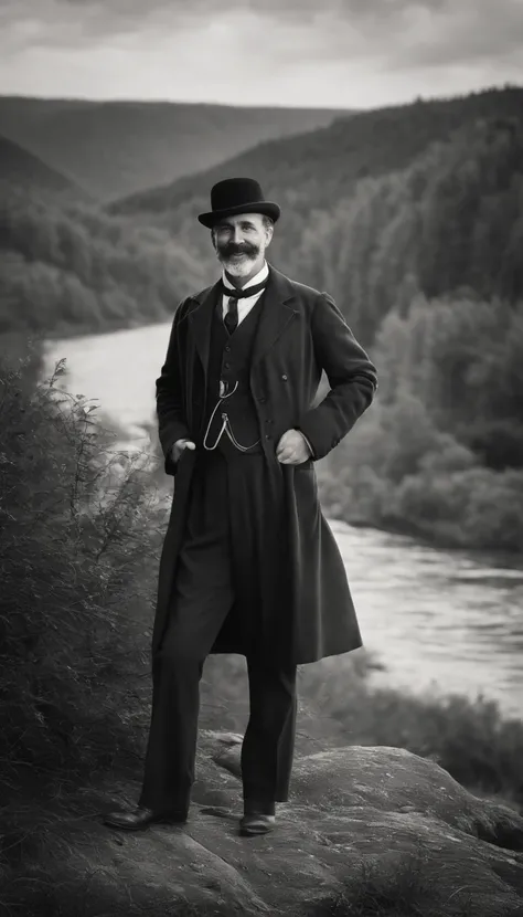 A scientist, strong personality, Kind, smiling, Full body picture, well dressed, A river in the background, 1888, hyper-realistic, Photo realism, cinematography, black and white