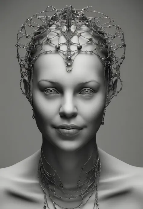 a beautiful futuristic portrait covered by mask made of wires and black pearl,  necklace made by silk and wires twisted around neck,  design by leonardo davinci,  inspired by egon schiele,  evil villain grin,  evil grin,  fantasy horror art,  photorealisti...