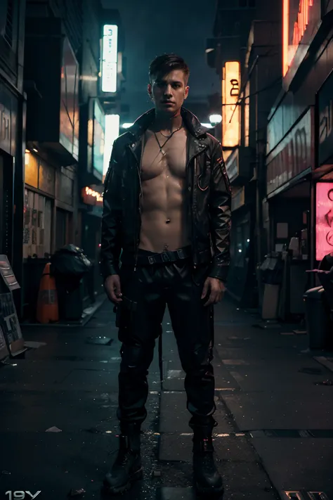 cyberpunk, night, dark, neon lights. city, dystopian future, sci-fi, (8k), (best quality), (masterpiece:1.2), (realistic), (photorealistic:1.0), ultra-detailed, crowded street, 1 boy, sexy, full erection,18 yaers old, full body, male, short hair,