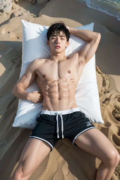 A 16 year old boy on the beach,Naked upper body, Wearing gym shorts, whitestocking, Wear sneakers, largeeyes，Lie on your back on the beach,Wearing sweat, Abs, junior school student, Differential crushing cap, rough breath, Black hair, Messy hair, modern, E...