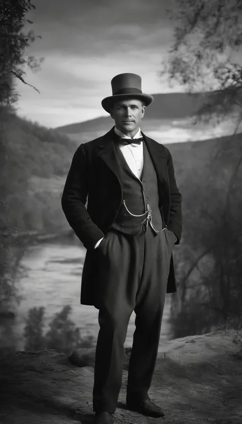 A scientist, strong personality, Kind, smiling, Full body picture, well dressed, A river in the background, 1888, hyper-realistic, Photo realism, cinematography, black and white