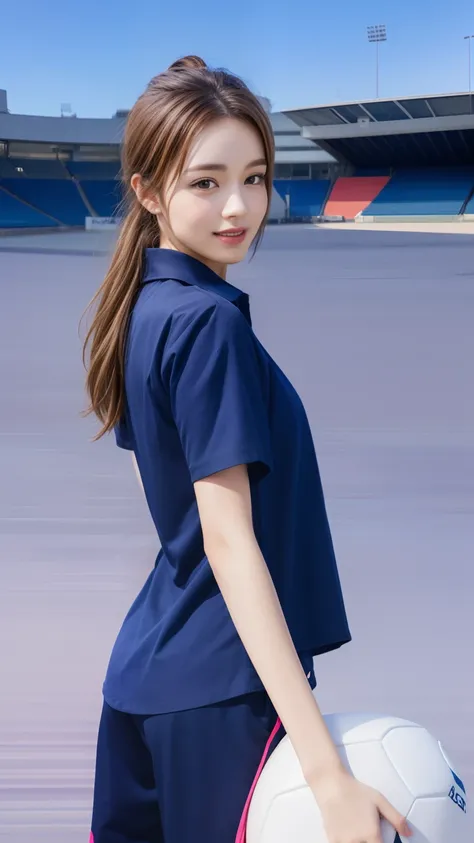 (bestquality,10,10,highres,masterpiece:1.2),ultra-detail,(Realistic,photorealistic portrait,photo-realistic:1.37),1 Cute girl in the football field,oily shiny skin,bara,light smile,BDclothes,((blue shirt:1.3)),short sleeves,shirt, trousers.,(navy_long_Pant...