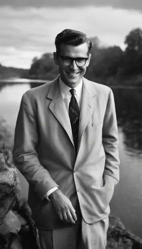 A scientist, strong personality, Kind, smiling, Full body picture, well dressed, A river in the background, 1960, hyper-realistic, Photo realism, cinematography, black and white