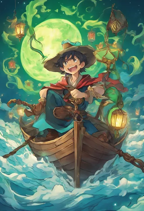 Vast night，the beautiful skyline，Vast ocean，Intense and dramatic imagery，the moving visual effects，A bright moon hanging high，Colorful natural light。A little boy sits on a lonely boat，Reaching out is an ancient lamp，The green face is full of years，Look at ...