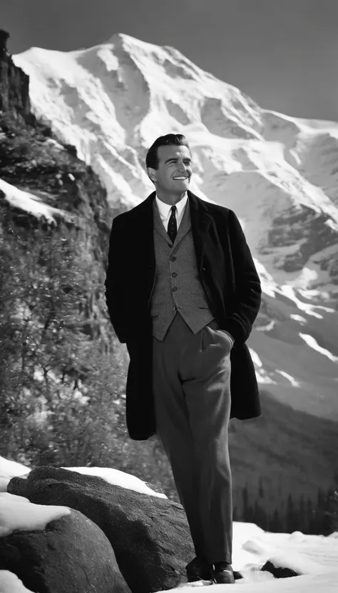 A scientist, strong personality, Kind, smiling, Full body picture, well dressed, A snow mountain in the background, 1960, hyper-realistic, Photo realism, cinematography, black and white